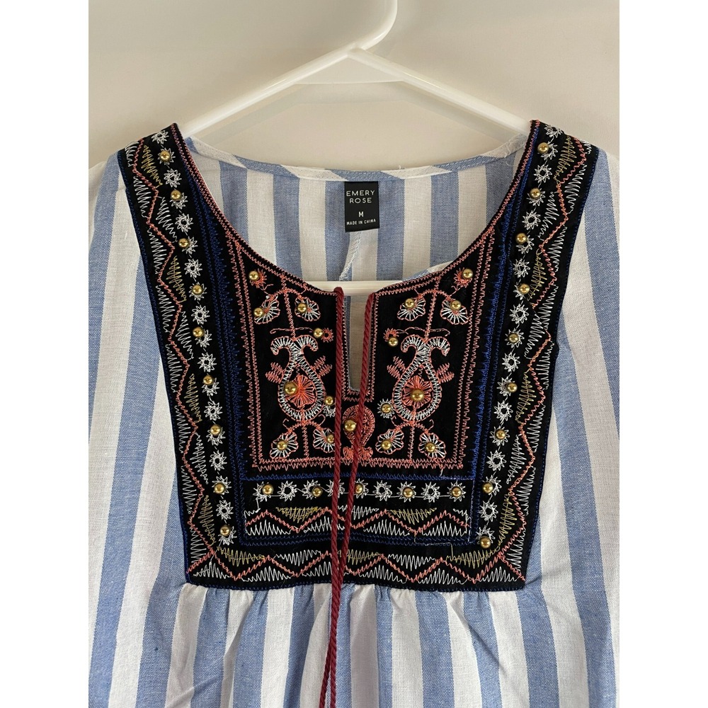 Emery Rose Dress Women's Size M Blue White Striped Midi Bohemian Tassel Necktie - Picture 2 of 9